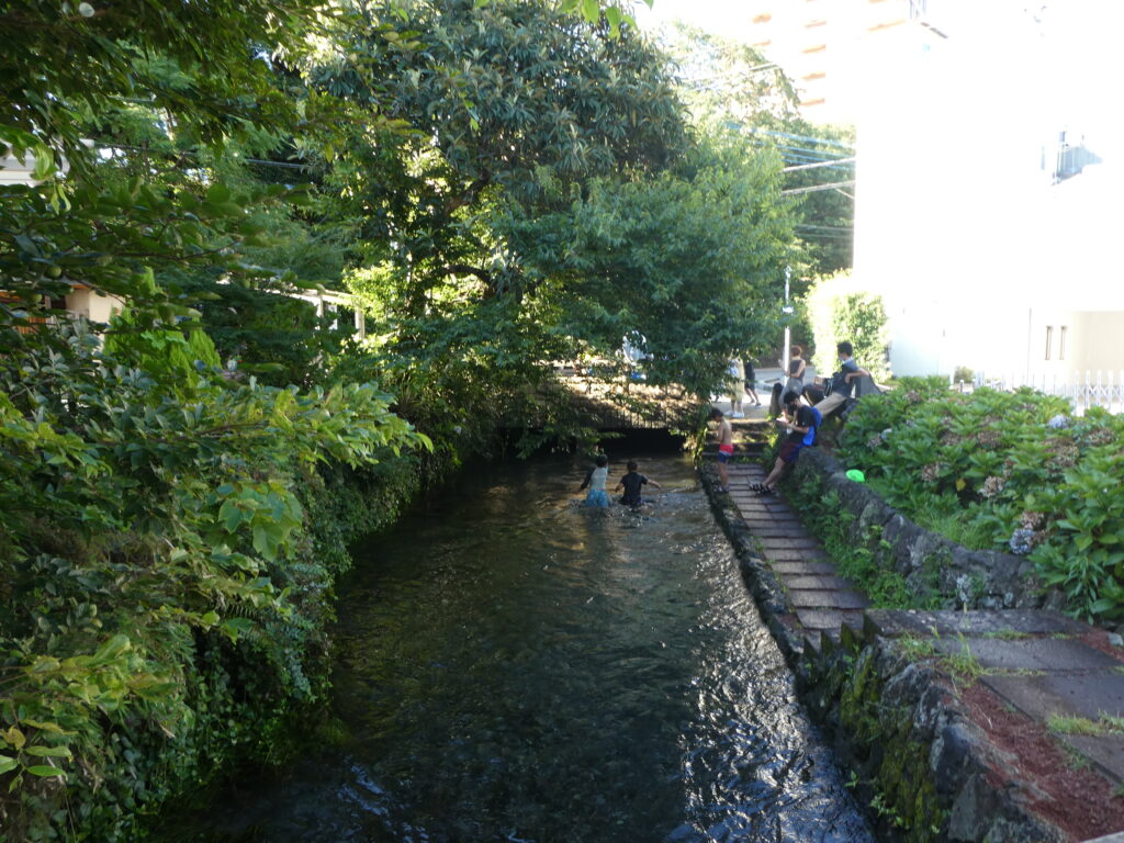 源兵衛川最上流域で水遊びする子供と腰掛けて休む大人